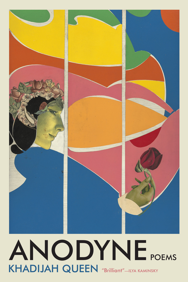 Book cover for Anodyne. A collage by Romare Bearden; a rectangular triptych with colorful waves, a woman's face in profile, and her hand disembodied holding a dying rose. She faces right, has a yellow tint to her face, wears a pink flower crown